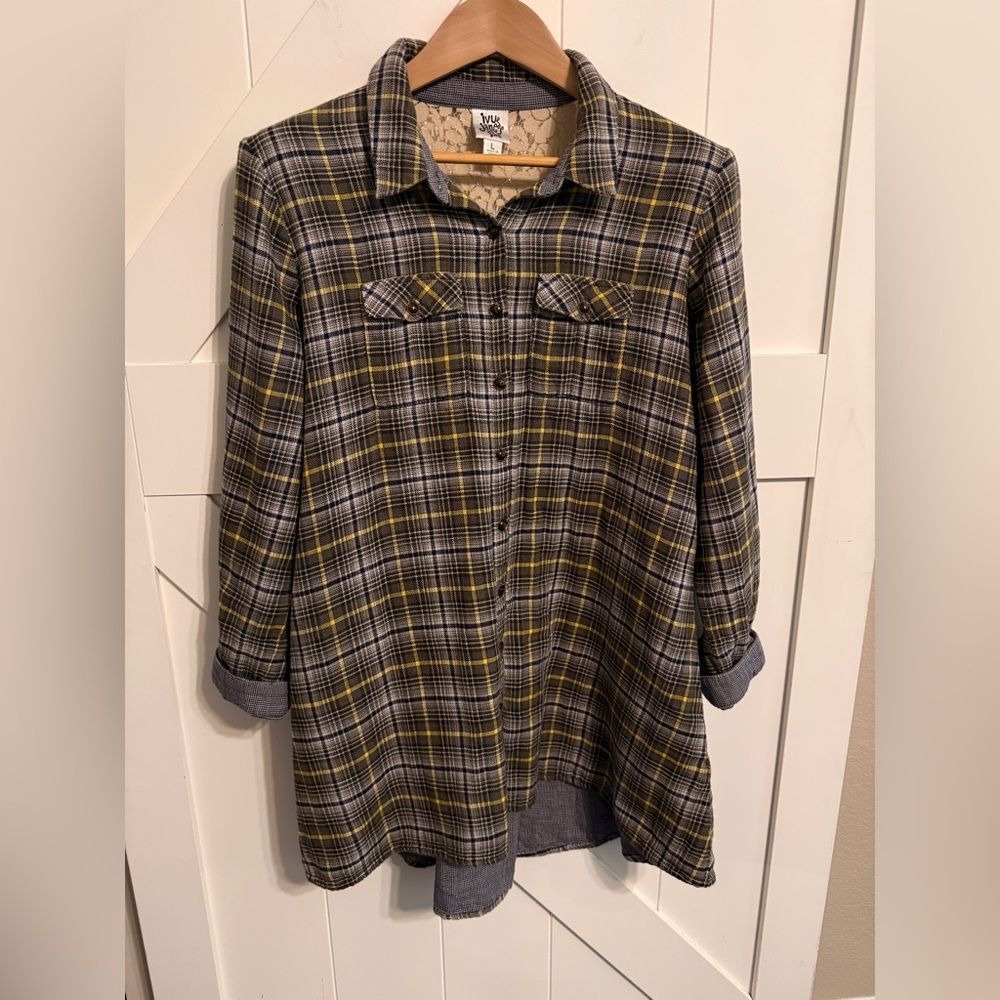 IVY JANE LG Flannel Plaid Button Up Tunic Top Oversized Boyfriend Shirt Dress